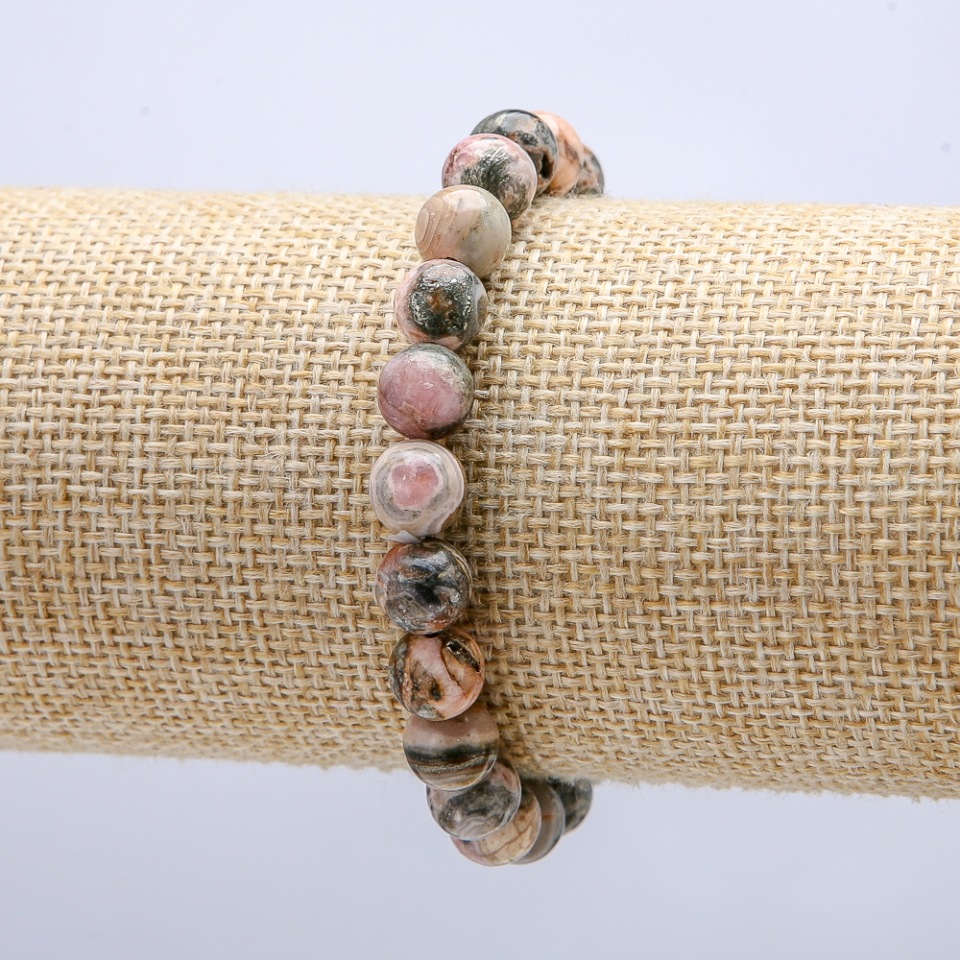 צמיד גומי מאבן טבעית עם רודוכרוזיט, כדור חלק, קוטר 8 מ״מ, אורך 18 ס״מ +