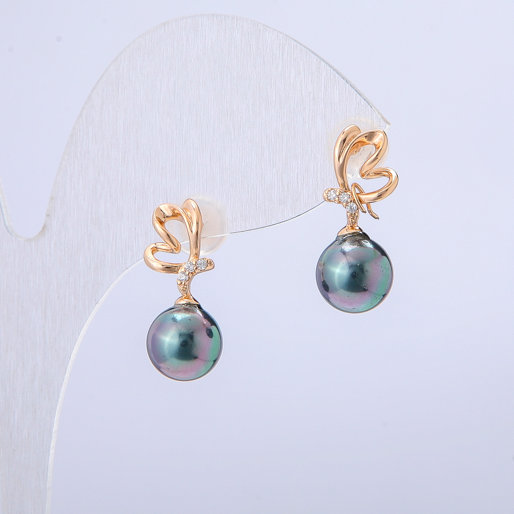 עגילים Xuping מצופים בזהב 18K עם זירקונים לבנים וחרוז שחור בצבע בנזין, קוטר 19×8 מ"מ +