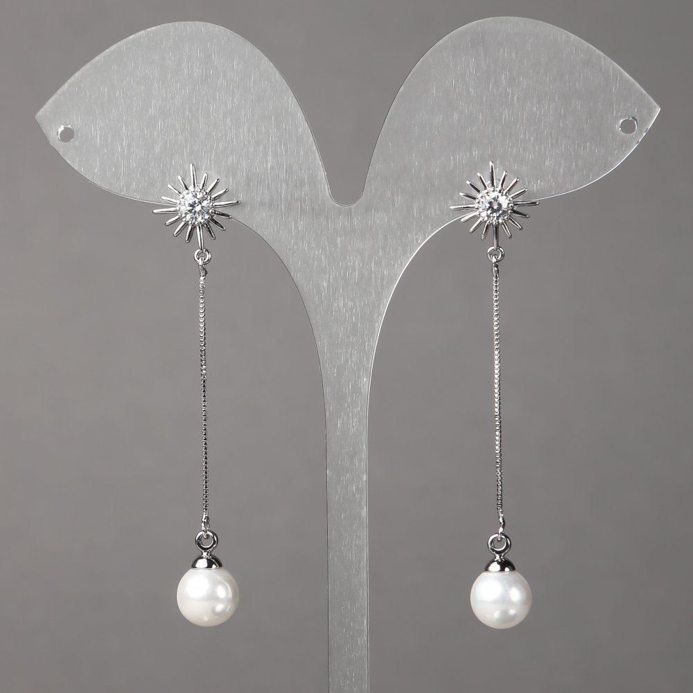 עגילי סטוד כדוריים Xuping רודיום עם קריסטלים, חרוזים ותליונים 12 מ״מ + -, אורך 58 מ״מ + -, עובי 0.7 מ״מ +