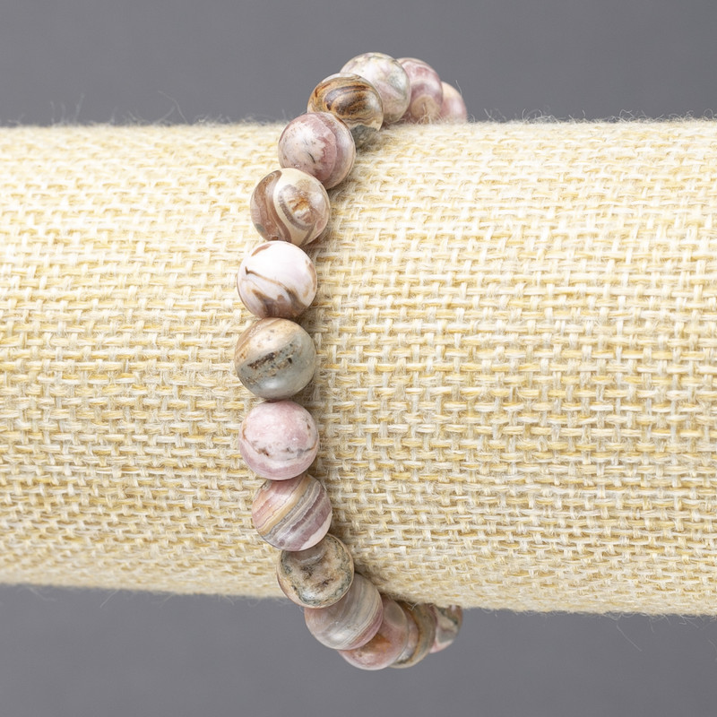 צמיד גומי מאבן טבעית – רודוהורוזיט, חרוז חלק, קוטר 8 מ״מ