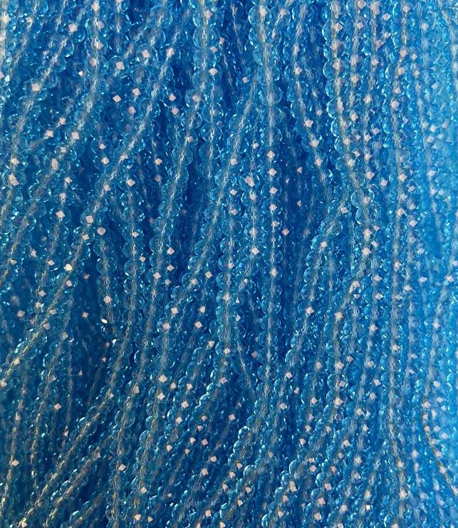 חרוזים קריסטל צ'כי על חוט כחול שקוף מלוטש בצורת רונדל, קוטר 3,5×3 mm, אורך 33 cm +