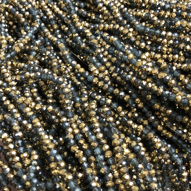 חרוזים קריסטל צ'כי על חוט מבחר אפור שקוף + ציפוי זהוב גרנובני רונדל, קוטר 3×2.5 מ״מ, אורך 36 ס״מ