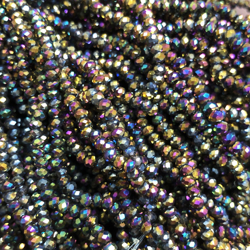 חרוזי קריסטל צ'כיים על חוט, ציפוי בנזיני, רונדל מחורץ, קוטר כ-3×2.5 מ״מ + -, אורך כ-36 ס״מ +