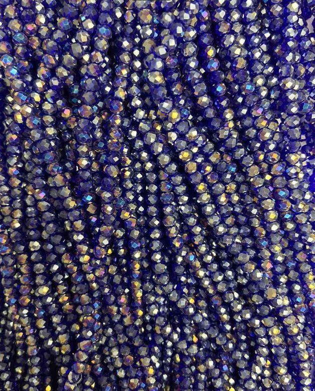 חרוזים מקריסטל צ'כי על חוט כחול עם ציפוי בנזין, קוטר 3.5×3 מ״מ, אורך 33 ס״מ +