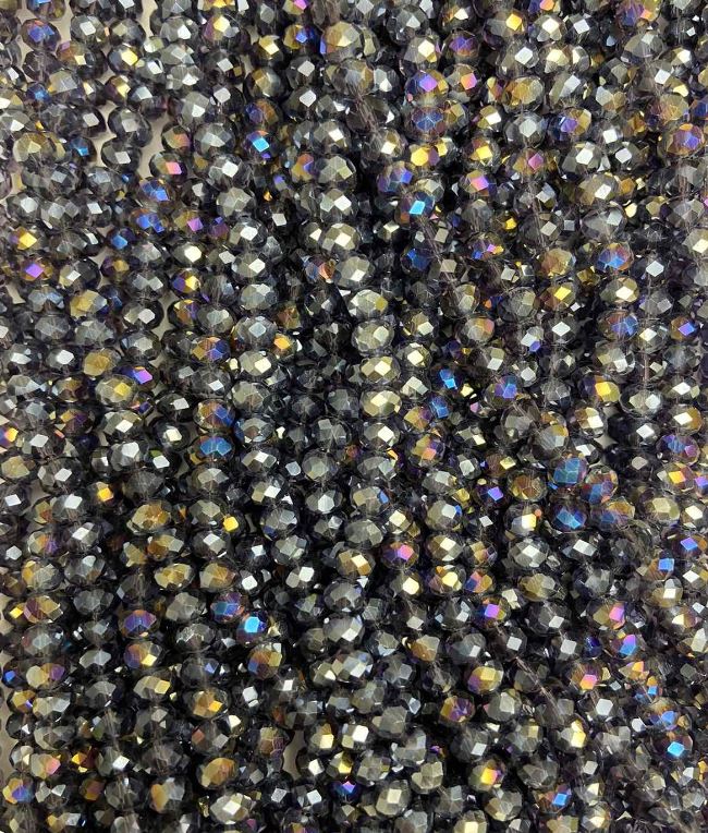 חרוזים מקריסטל צ'כי על חוט אפור עם ציפוי בנזין, רונדל מלוטש, קוטר 6×4.5 מ״מ + -, אורך 38-40 ס״מ +