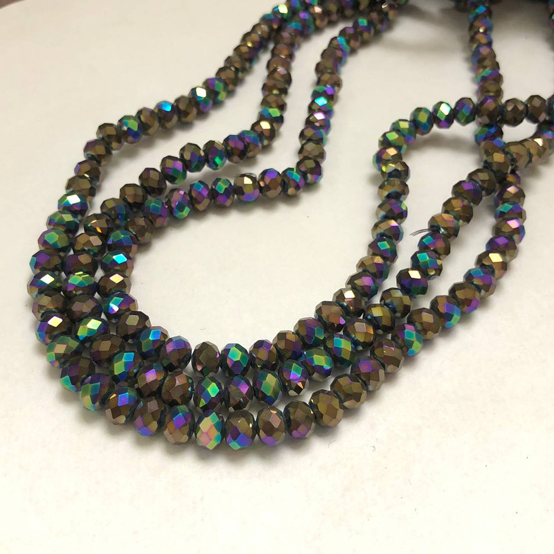 חרוזי קריסטל צ'כי על חוט דייג עם ציפוי בנזין – רונדל מחורץ, קוטר 6×4.5 מ״מ, אורך 38–40 ס״מ + -