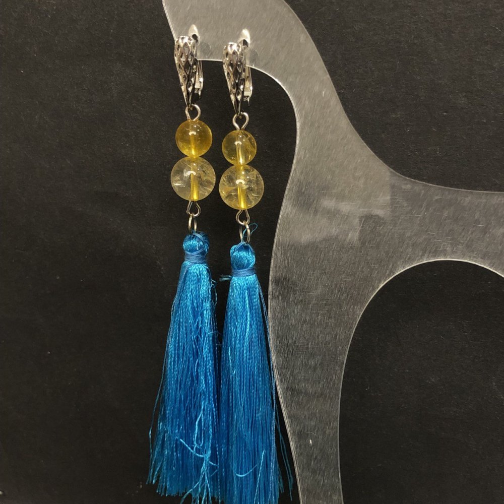 עגילי ציציות עם ציטרין טבעי, קוטר 8–10 מ״מ, אורך 120 מ״מ