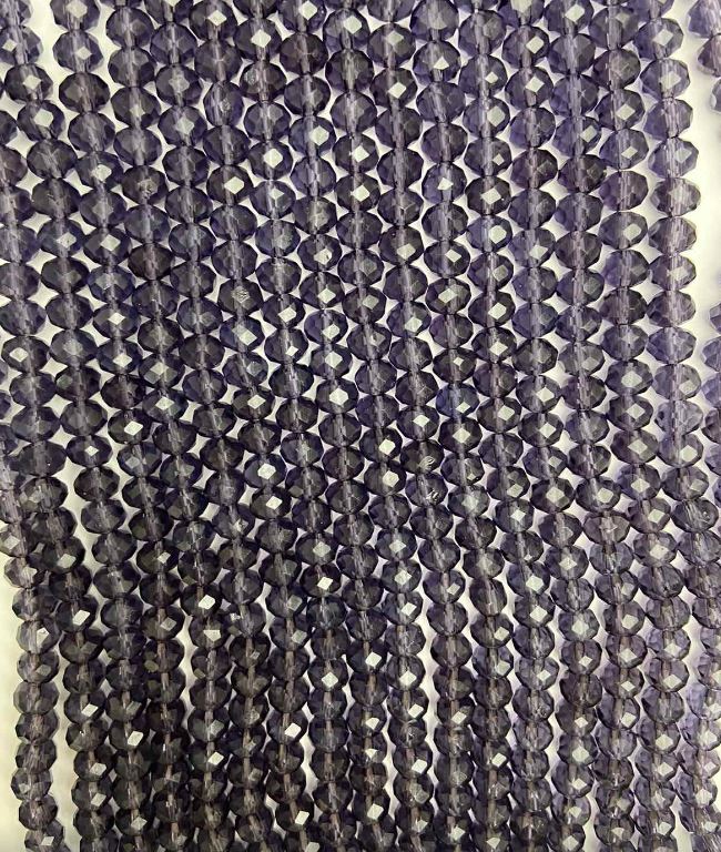 חרוזי קריסטל צ'כי על חוט סגול שקוף בצורת רונדל מחוספשת, קוטר 6×5 מ"מ, אורך 40 ס"מ