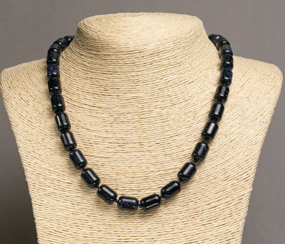 שרשרת אבנטורין – חול כחול ליל קהיר, צילינדר בצורת חבית, אורך 45 ס״מ, קוטר 10×14 מ״מ +