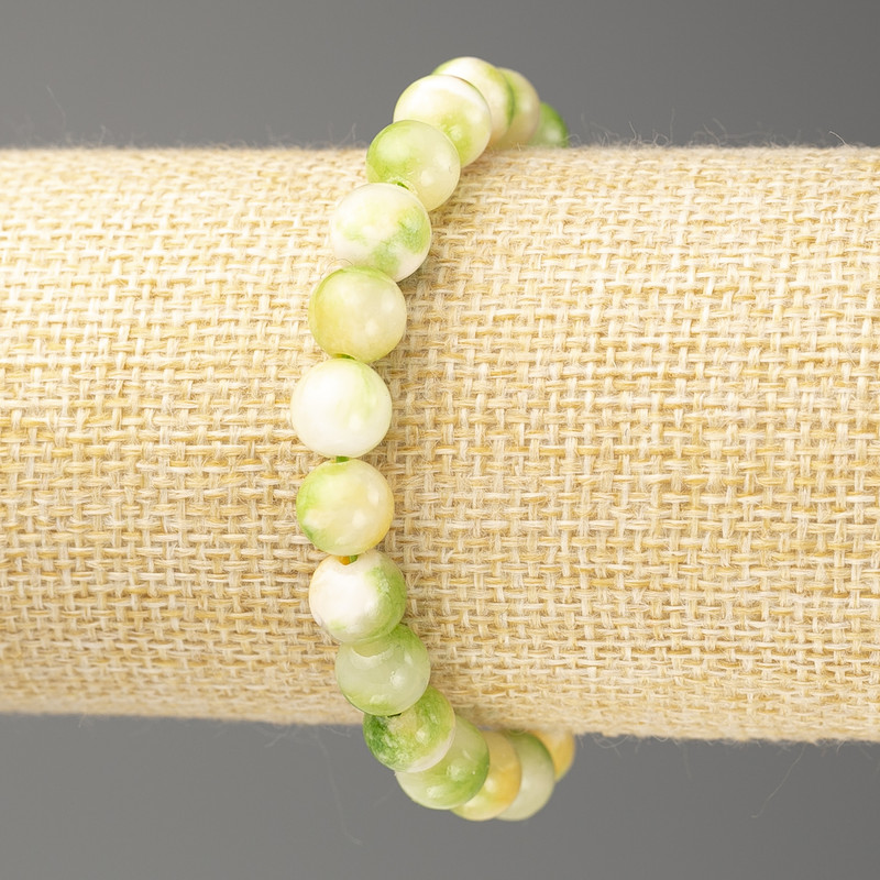 צמיד נפריט אוקייני ירוק-צהוב-לבן (אקריל מלאכותי), קוטר 8 מ"מ +-, אורך 18 ס"מ +-, חרוזים חלקים על גומי