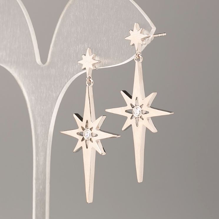 עגילי Xuping בצורת כוכבים מאבני לבן, קוטר 22 מ״מ, אורך 4.5 ס״מ, ורודיום