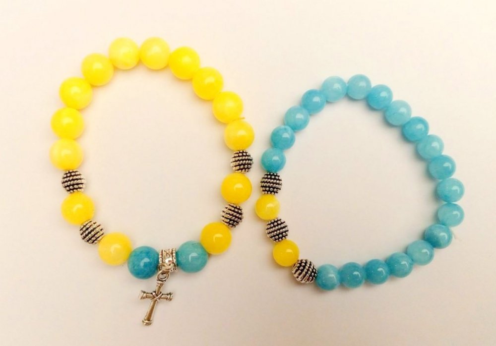 צמיד 'אוקראינה' זוגי, אקוומרין וציטרין (אקריליק מלאכותי) חרוז חלק על גומי אלסטי, אורך 18 ס"מ+