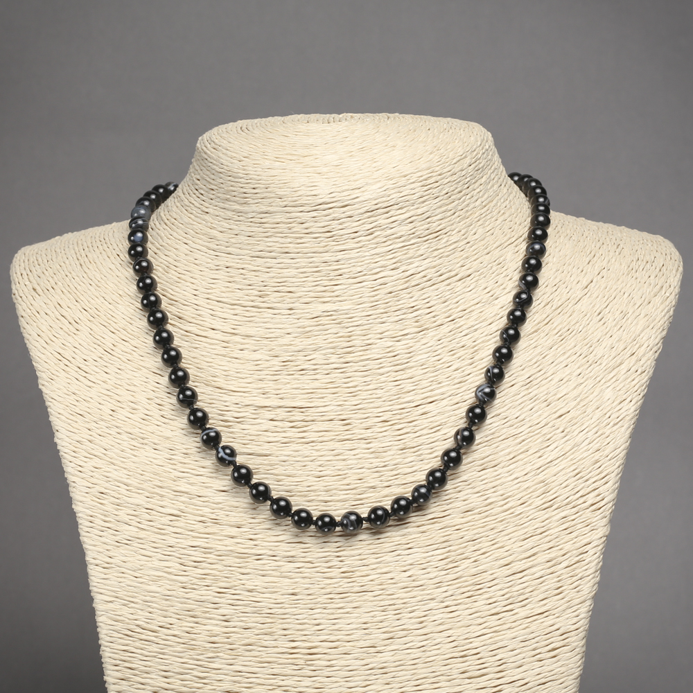 שרשרת חרוזי אגת שחור, כדור חלק, קוטר 6 מ"מ, אורך 45 ס"מ+