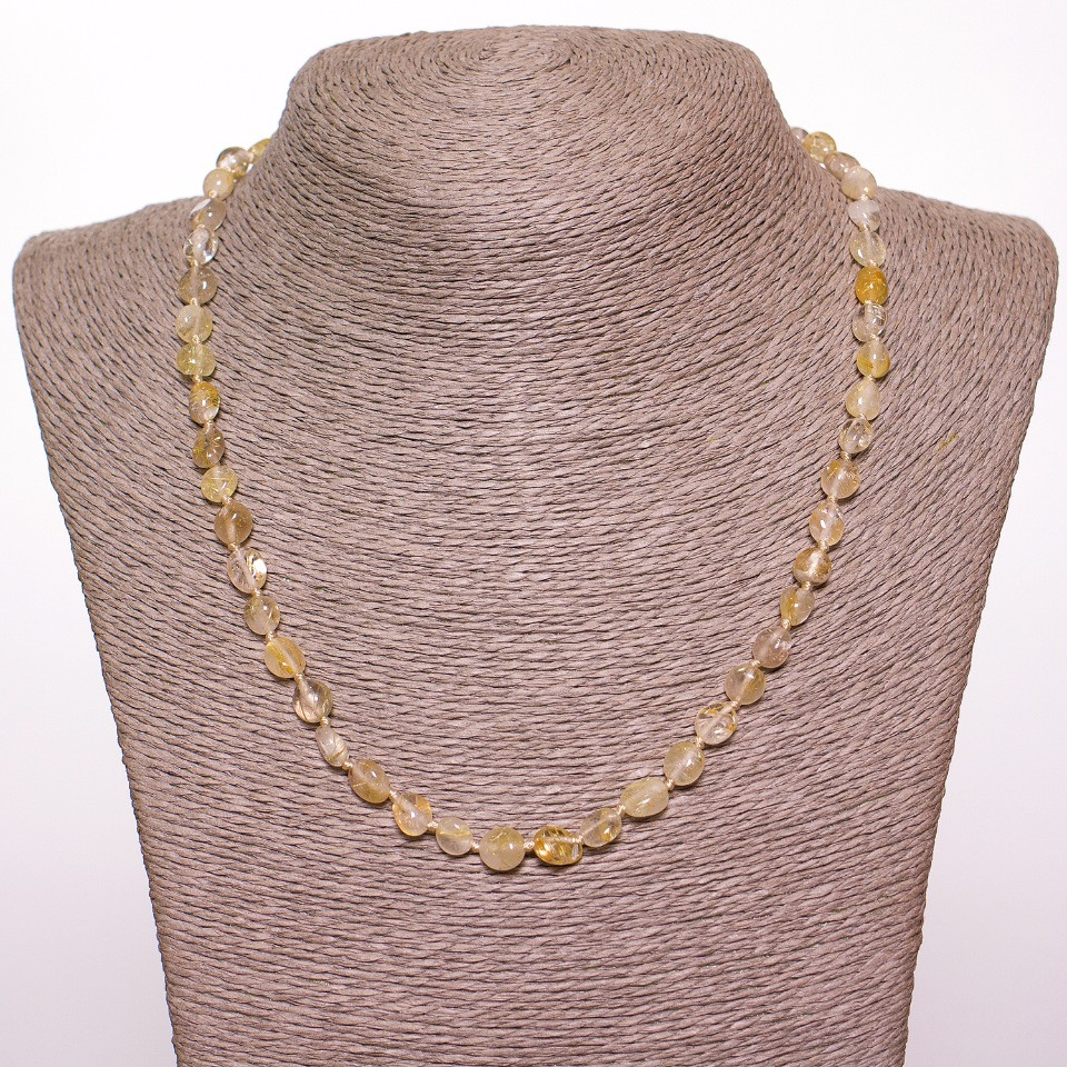 שרשרת מאבן טבעית קווארץ «שערות» אובאלית «גימור דפיקות» «זהב לבן», קוטר 6 מ״מ (±), אורך 50 ס״מ