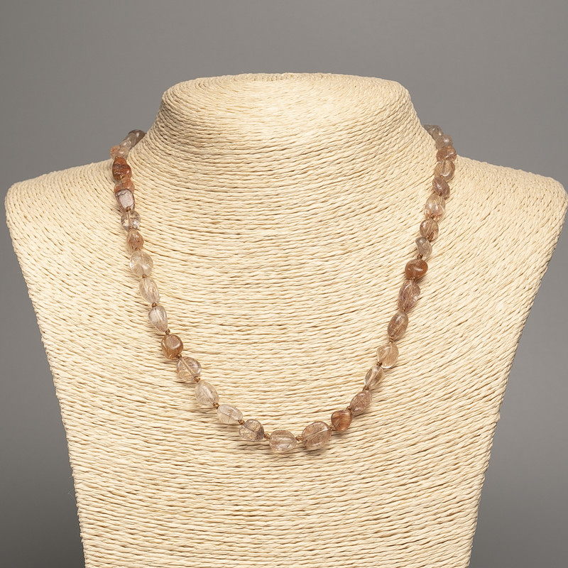 שרשרת חרוזים 'שערות זהובות' מאבן טבעית קוורץ רוטילי זהוב, חרוזים חתוכים, קוטר 11×7 מ"מ, אורך 49 ס"מ