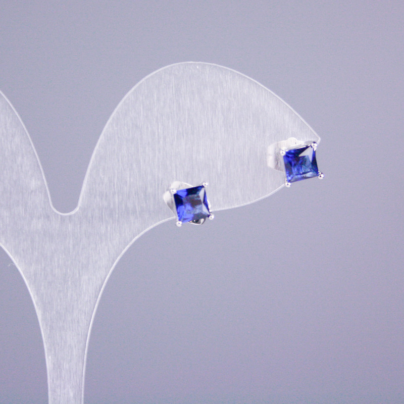 עגילי סטוד Xuping רודיום עם אבן כחולה 5×5 מ״מ מרובע +-, אורך 16 מ״מ