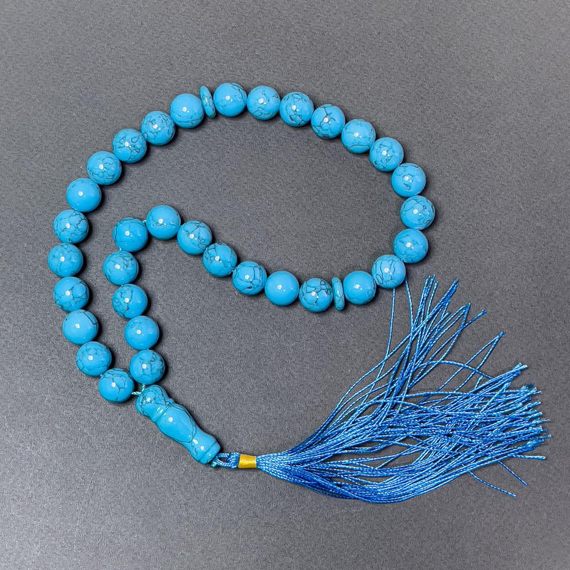 מחרוזות טורקיז (מעוצבות) כדור חלק, קוטר 12 מ״מ ± 33 חרוזים, עם תוספות מאותו טורקיז